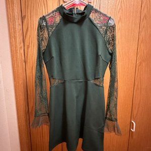 Bragging Rights Forest Green Lace Long Sleeve Skater Dress, M